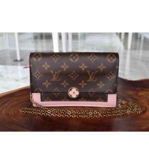 LOUIS VUITTON Monogram Porte Feuille Flore Chain Wallet Pink Full Set